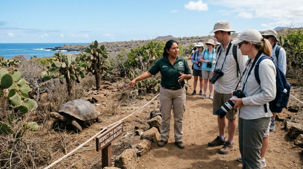 Tourists practicing responsible wildlife viewing in the Galapagos Islands with certified naturalist guide