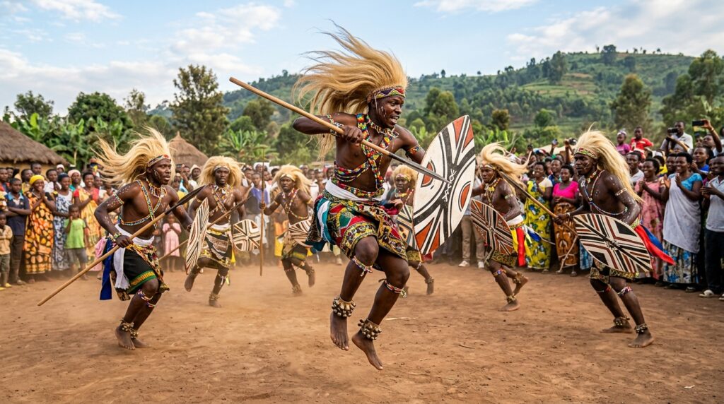 Traditional Rwandan Intore dancers performing with spears and shields