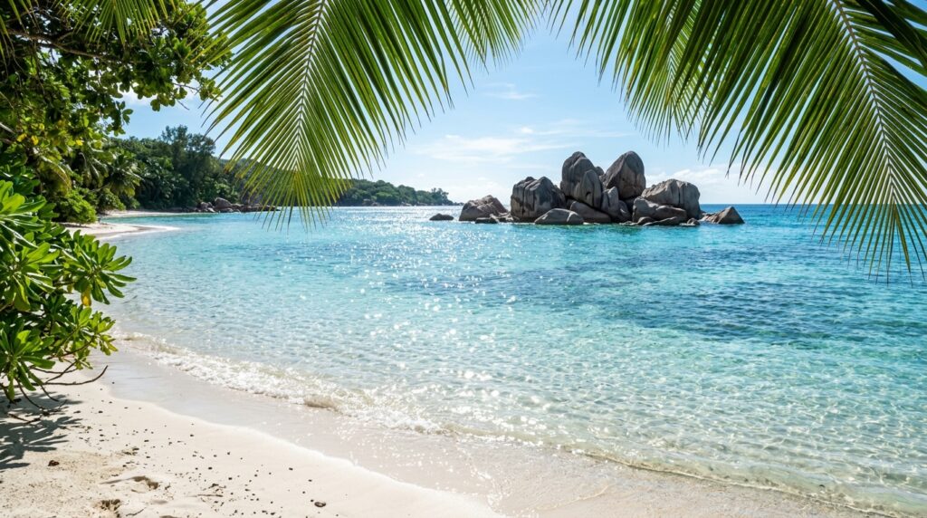 Ultra-realistic travel photo of calm, crystal-clear turquoise water over white sand in the Seychelles