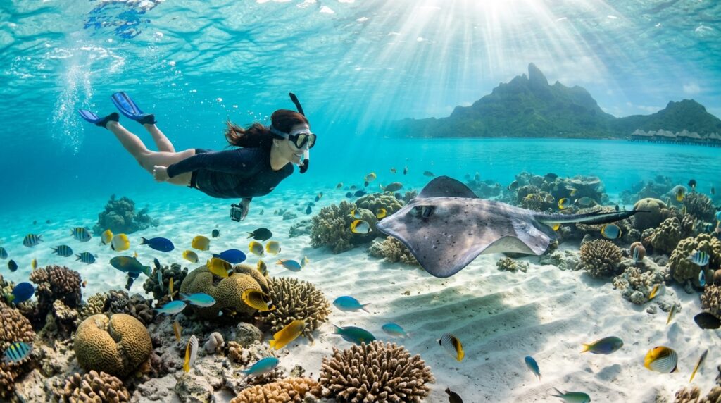 Underwater photograph of a traveler snorkeling in Bora Bora's crystal-clear lagoon