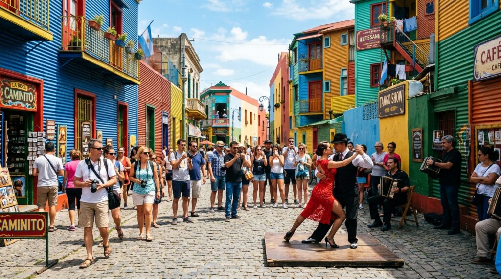 Vibrant El Caminito street in La Boca with colorful buildings and tango dancers
