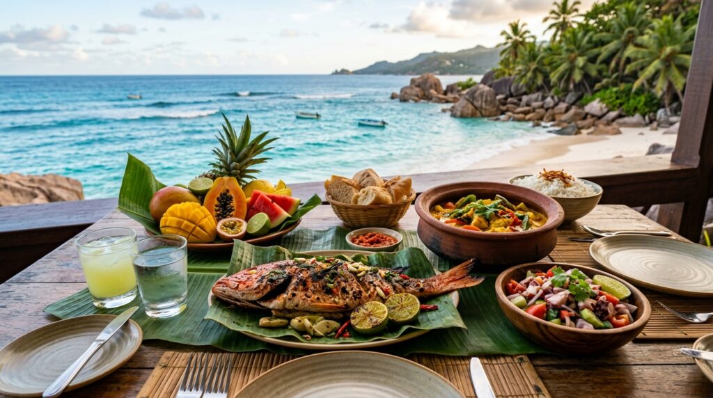Vibrant photorealistic image of a Creole food spread in the Seychelles
