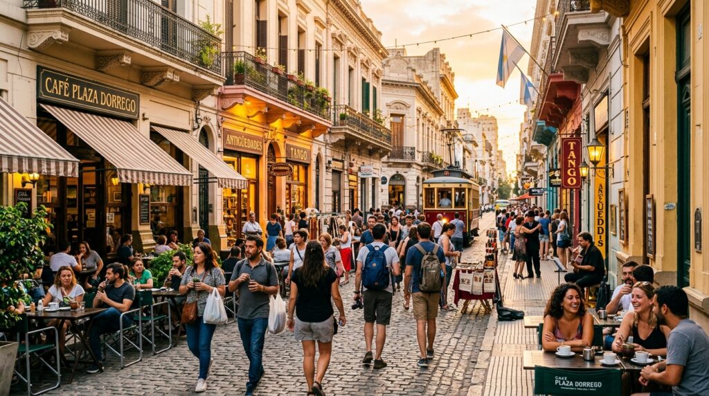 Vibrant street scene in Buenos Aires showing café culture and European-inspired architecture
