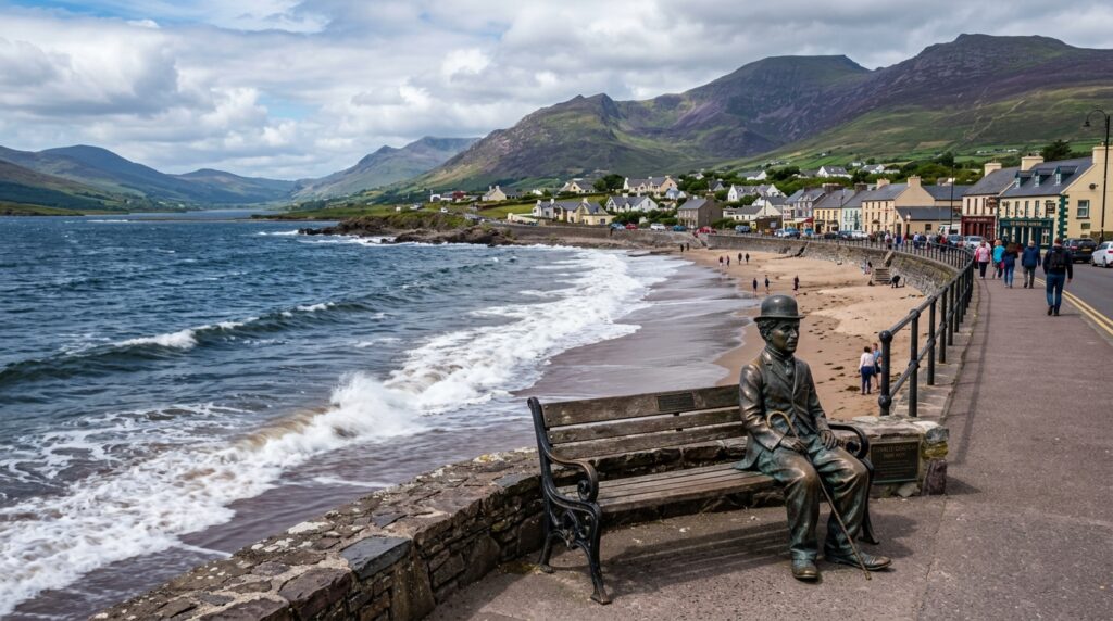 Waterville coastal town with Charlie Chaplin statue on promenade, Atlantic Ocean and mountains in County Kerry, Ireland