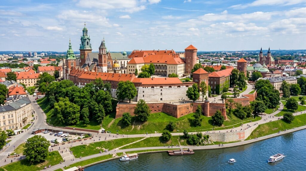 Wawel Castle complex on hilltop overlooking Vistula River in Krakow
