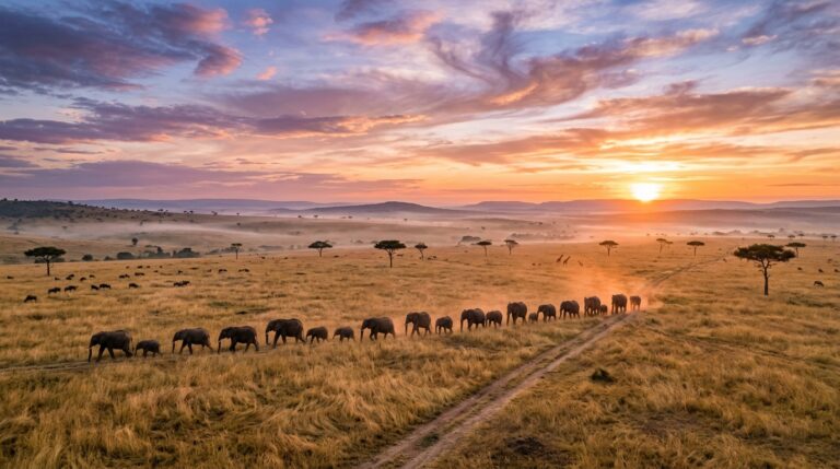 wide-angle shot of the Maasai Mara savanna at sunrise in Kenya